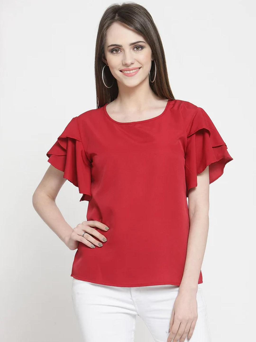 ZARVEY Casual Petal Sleeve Solid Women Maroon Top