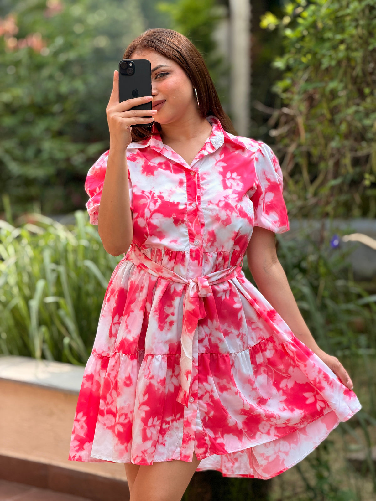 TANDUL Women's Fuchsia Pink Tie-Dye Puff Sleeve Mini Shirt Dress