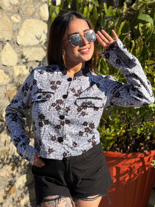 TANDUL Women Stunning Black and White Floral Print Jacket