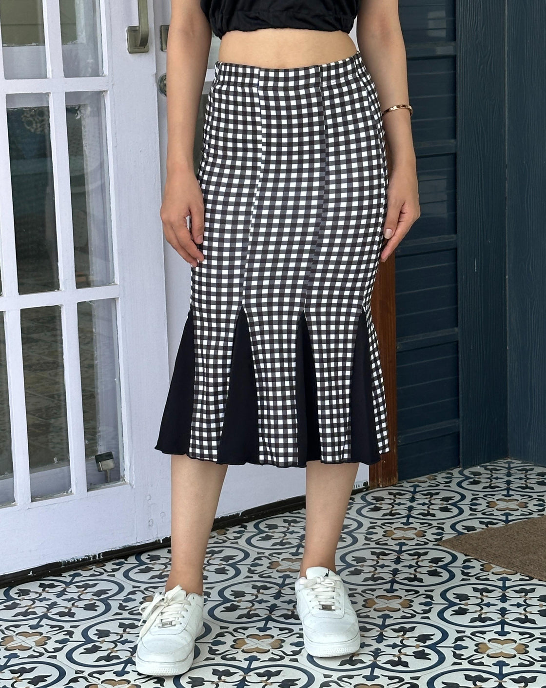 TANDUL Women Chic Black and White Checkered Skirt