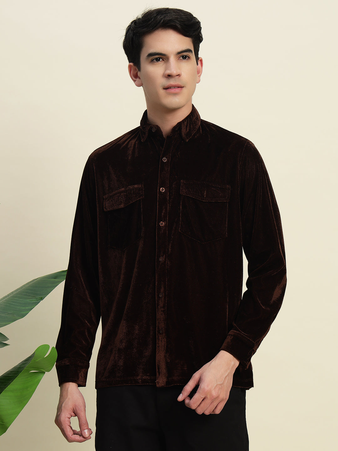 TANDUL Men's Brown Velvet Shirt