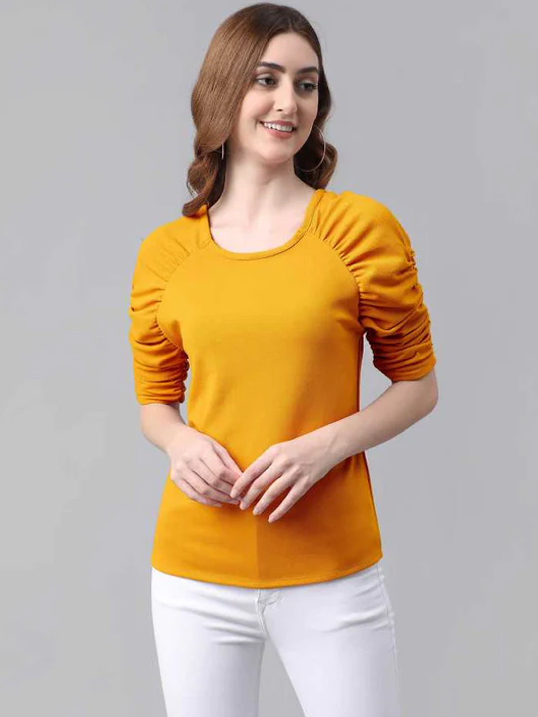 Casual Puff Sleeves Solid Women Yellow Top