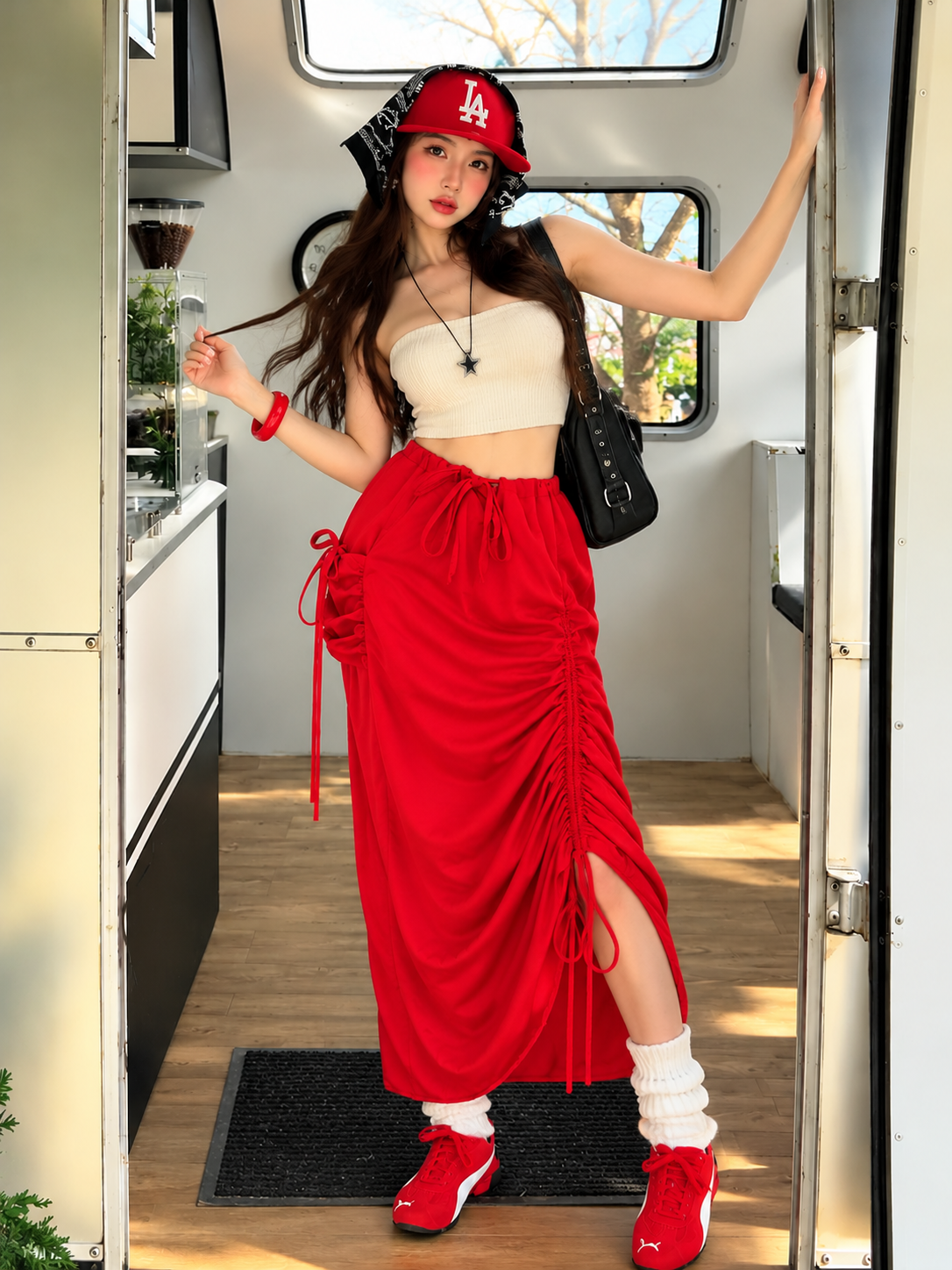 TANDUL Women Red Drawstring Ruched Maxi Cargo Skirt