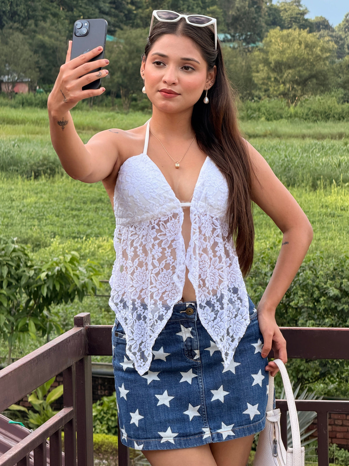 TANDUL Women White Lace Cami Backless Lace Top