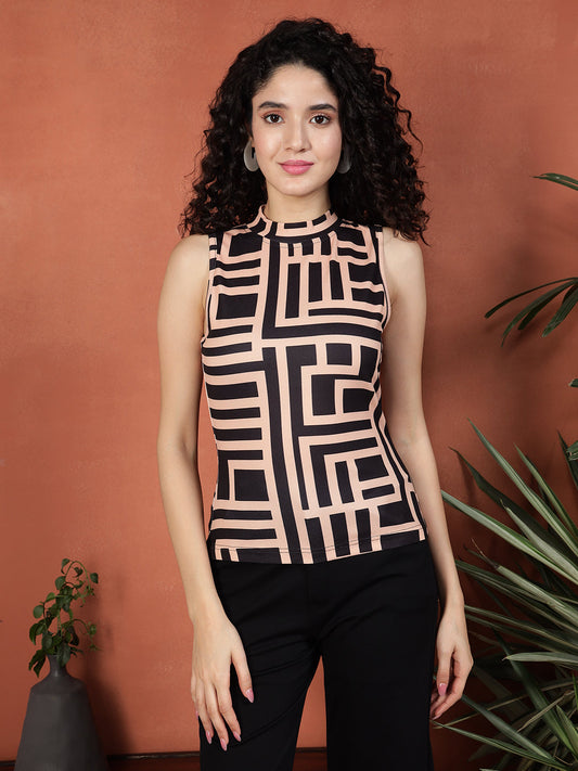 TANDUL Casual Sleeveless Printed Women Beige Top