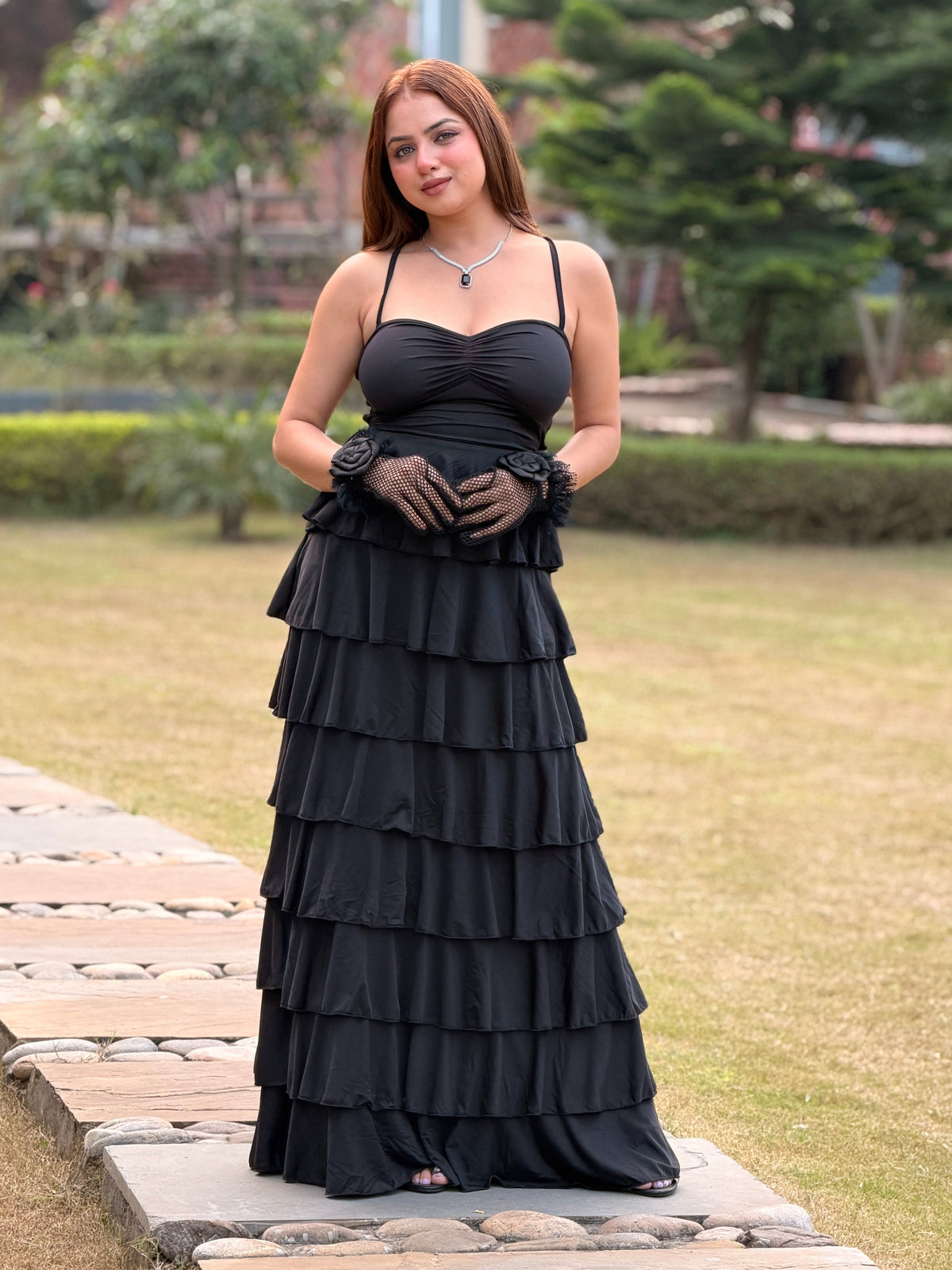 TANDUL Women's Black Tiered Ruffle Maxi Dress
