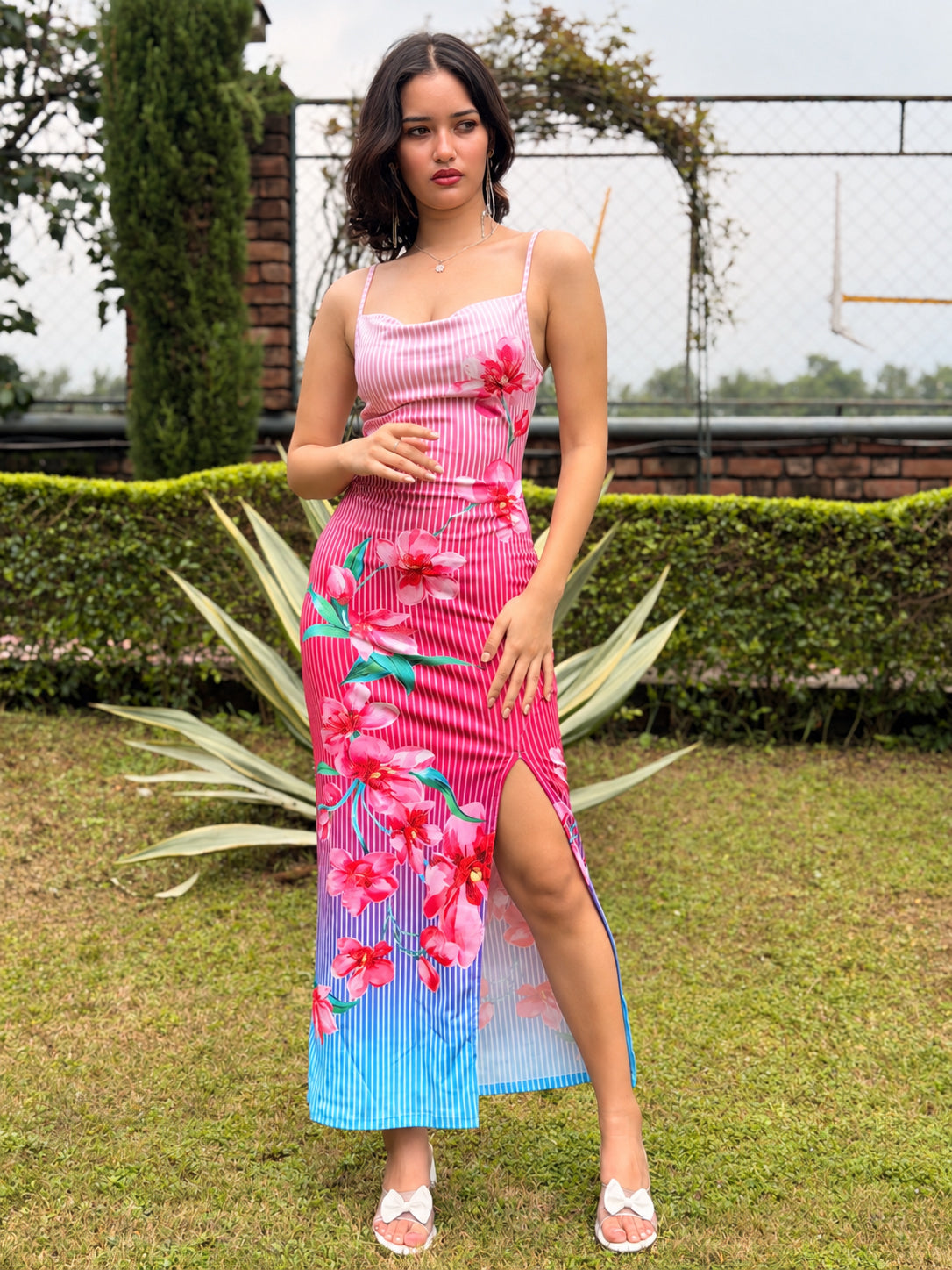 TANDUL Women Pink Stripe Cowl Neck Maxi Dress