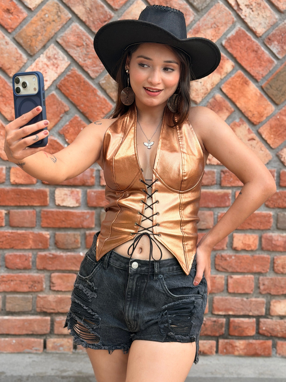 TANDUL Women Golden Front Detailed Leather Top