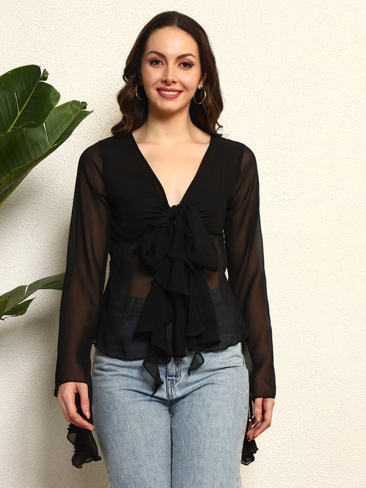 TANDUL Elegant Black Ruffled Top