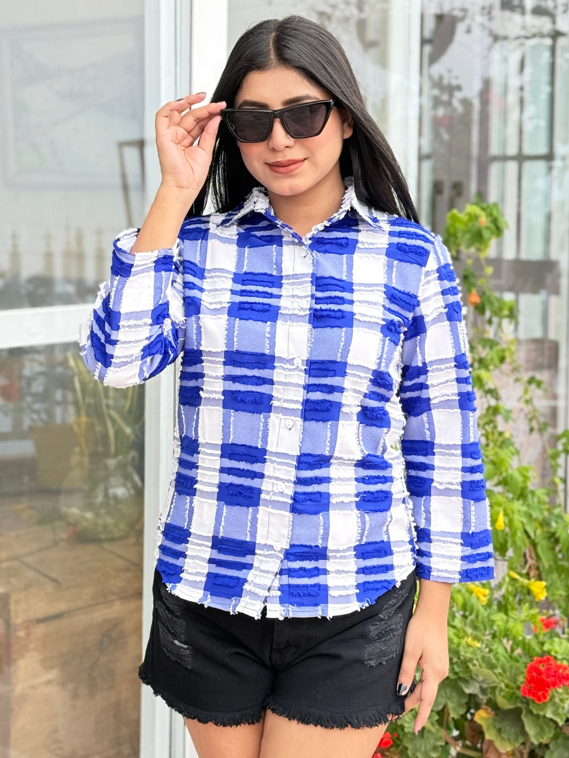 TANDUL Women Blue and white Plaid Shirt