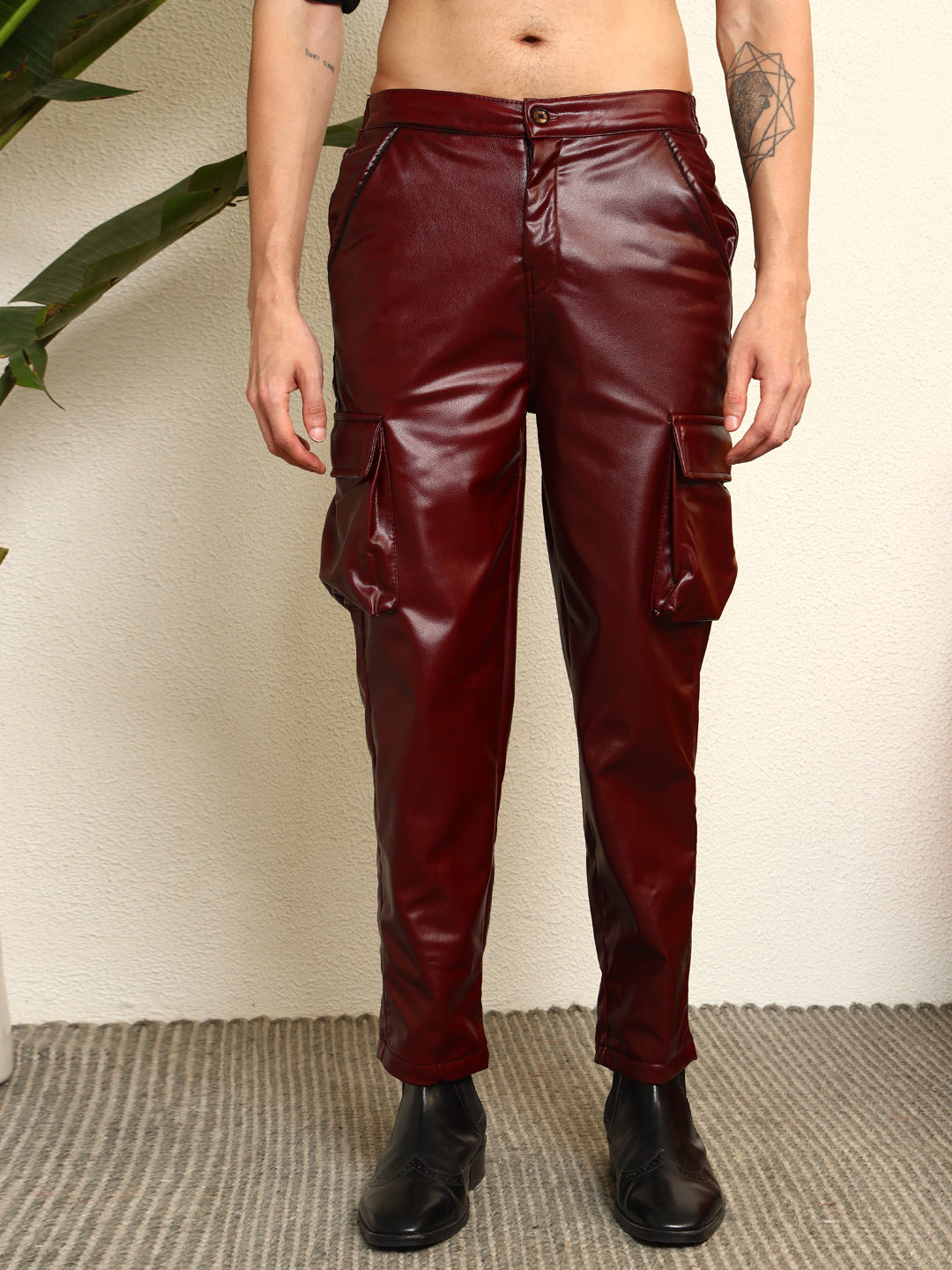 TANDUL  Men Regular Fit Maroon Faux Leather Trousers