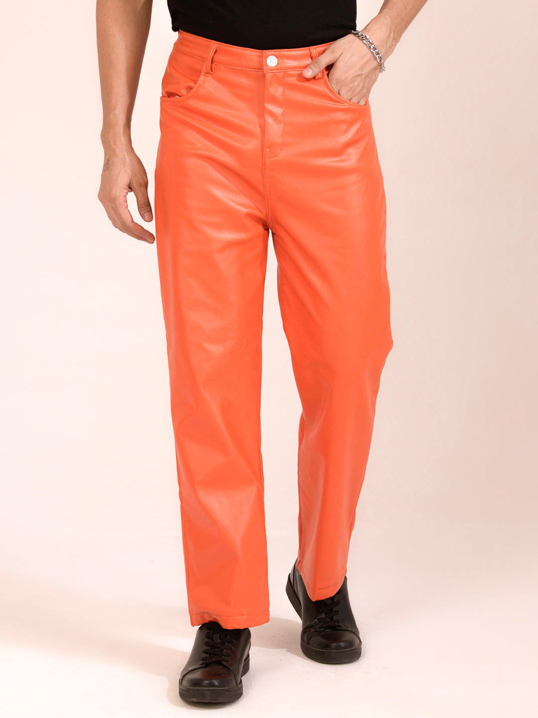 TANDUL  Men Regular Fit Orange Faux Leather Trousers