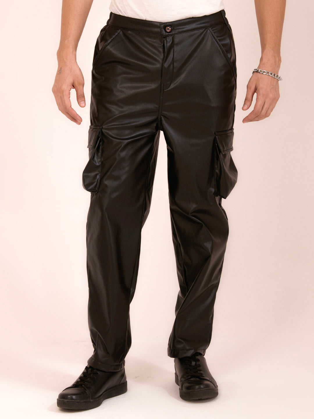 TANDUL  Men Regular Fit Brown Faux Leather Trousers