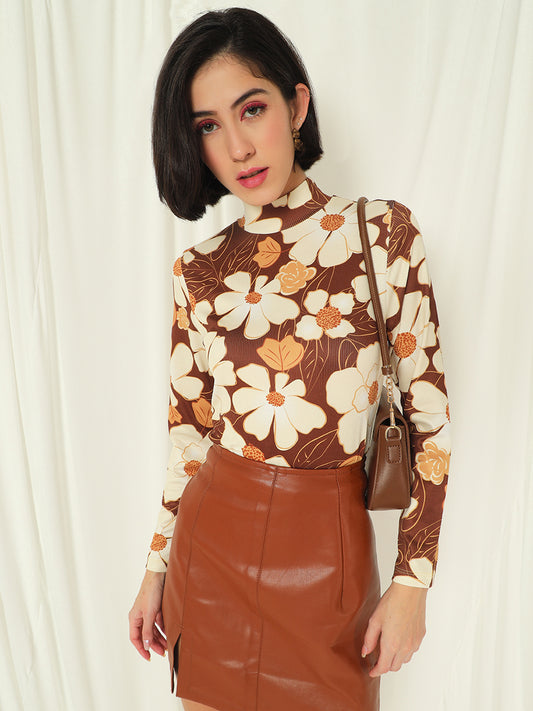 TANDUL  Women Floral Print High Neck Brown Sweater