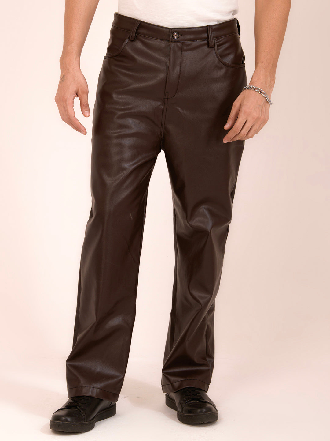 TANDUL  Men Regular Fit Brown Faux Leather Trousers