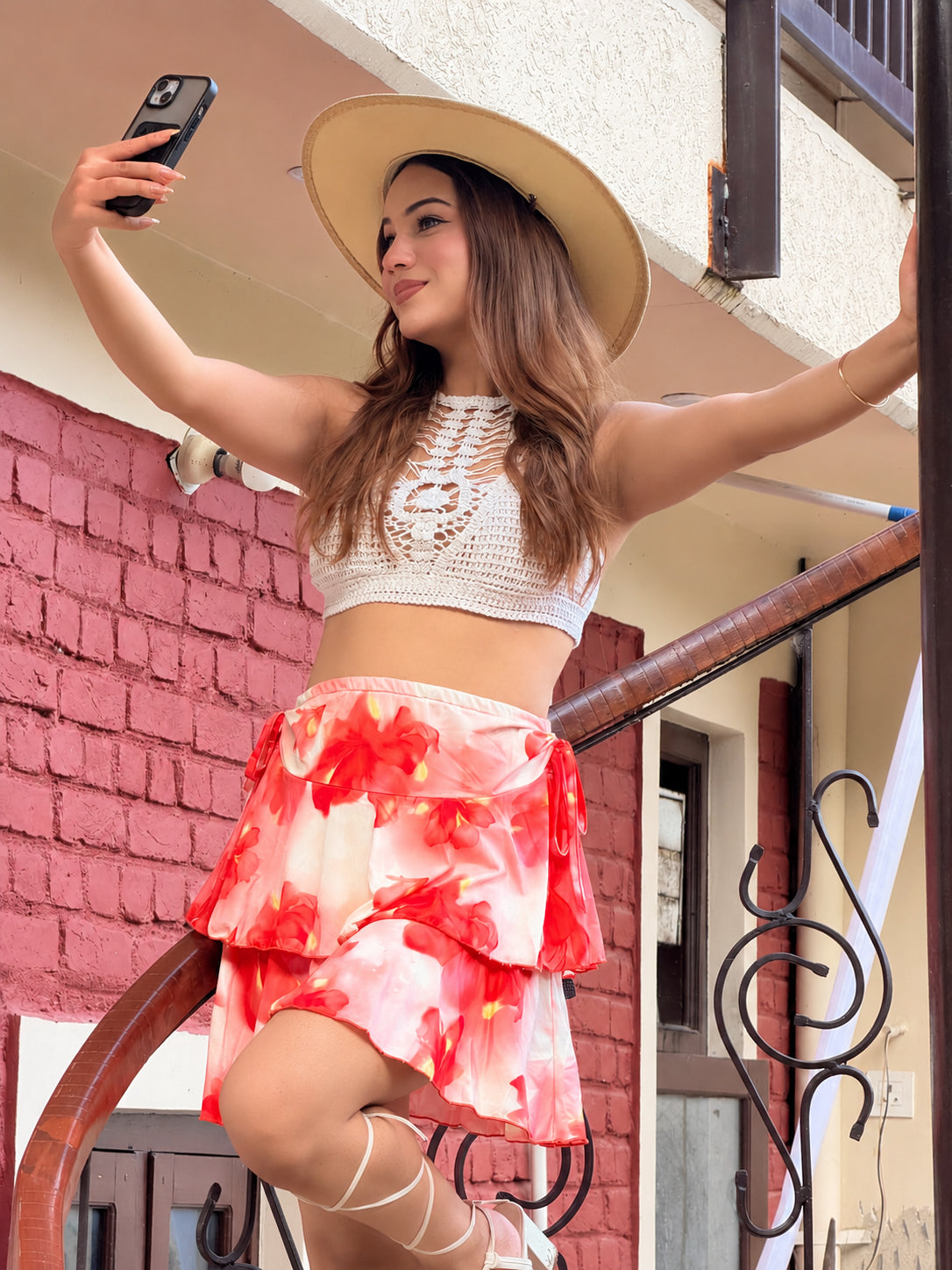TANDUL Women Tropical Floral Double-Tiered Mini Skirt