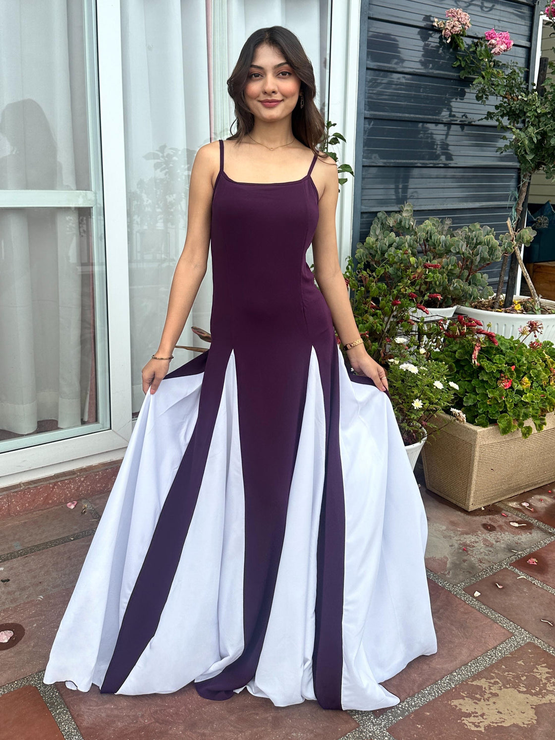 TANDUL Women Purple and White Long Flared Dress
