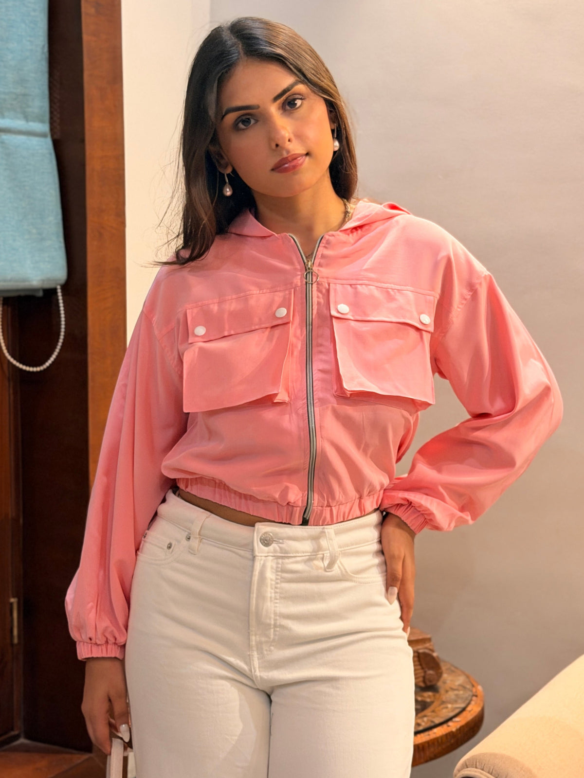 TANDUL Women’s Pink Summer Utility Jacket with Hood and Cargo Pockets