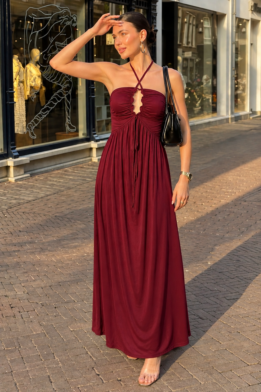 TANDUL Women Maroon Ruched Bust Keyhole Maxi Dress
