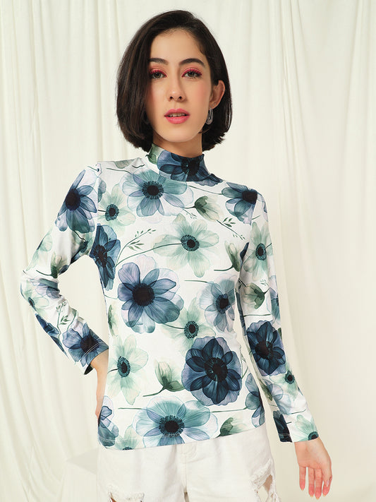 TANDUL  Women Floral Print High Neck White Sweater