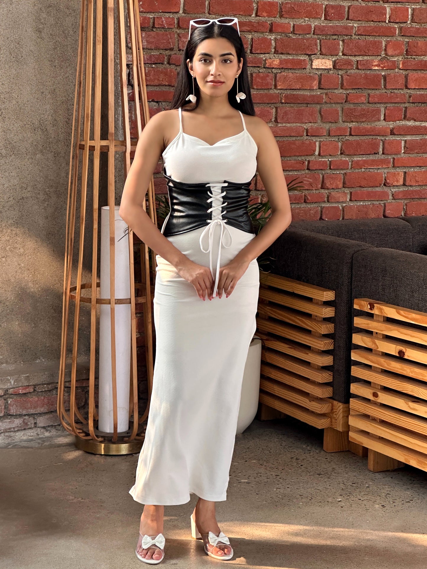TANDUL Women White Dress with Attached Belt