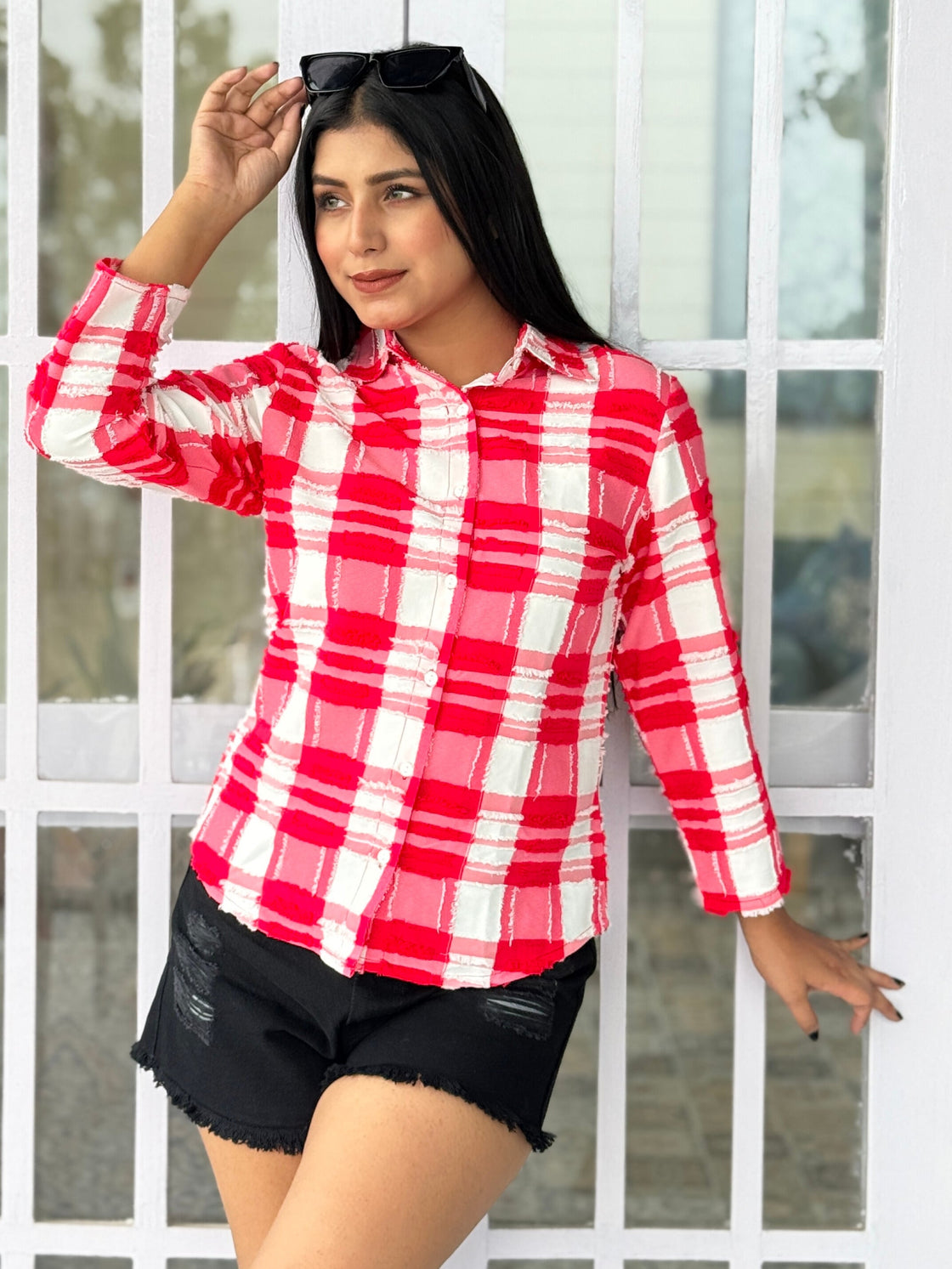 TANDUL Women Pink and white Plaid Shirt