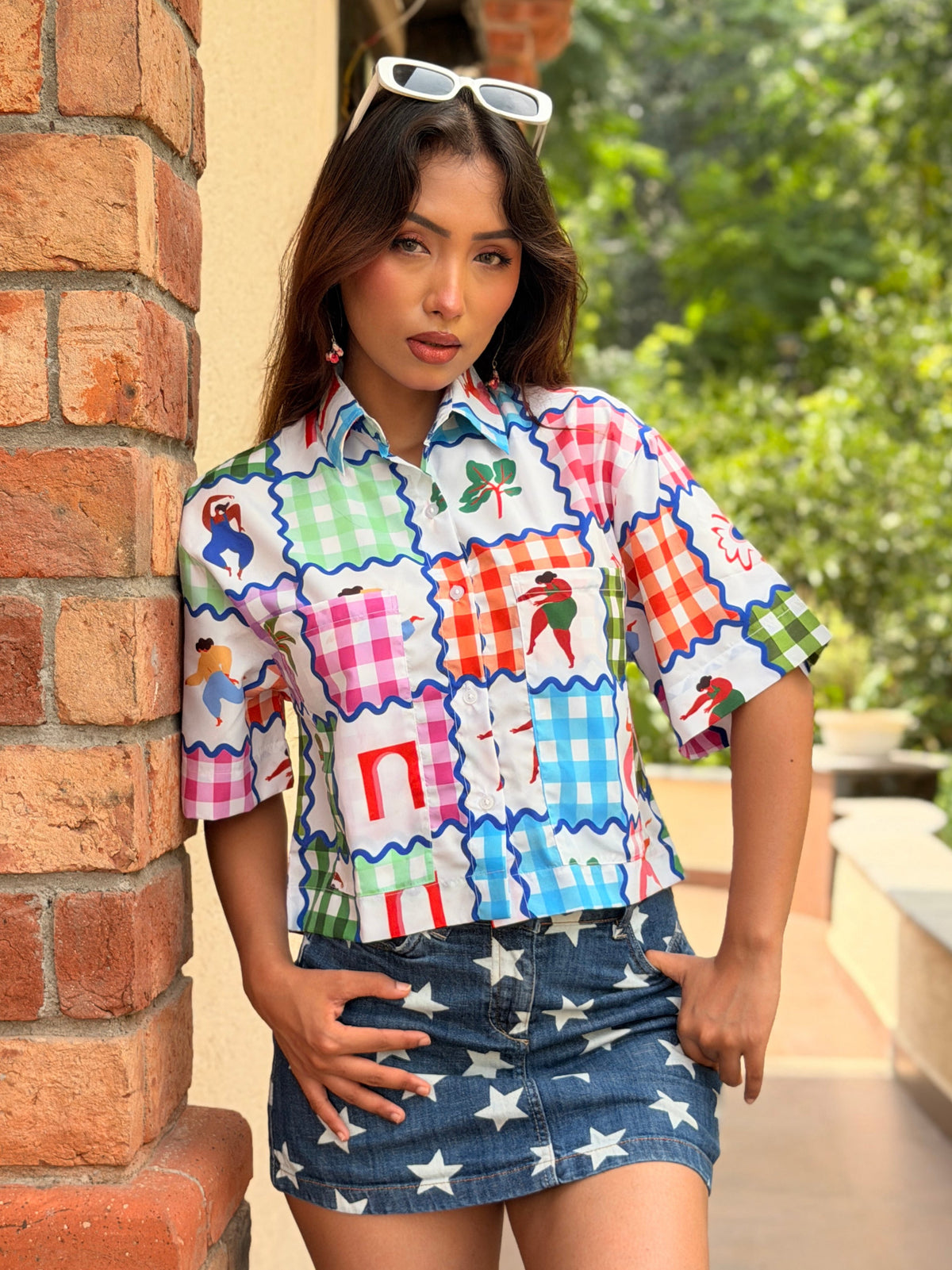 TANDUL Women Retro Colorful Gingham Patchwork Cropped Shirt