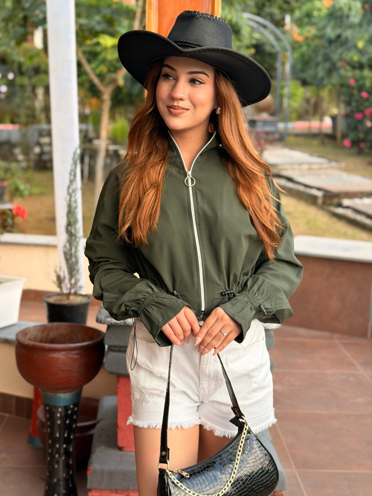 TANDUL Women Olive Green Cropped Windbreaker Jacket