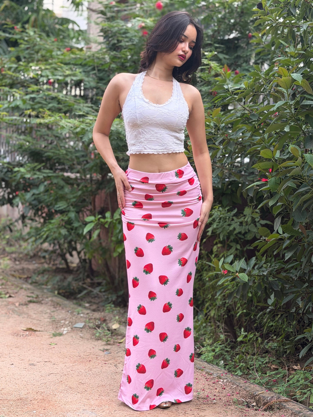 TANDUL Women Pastel Pink Strawberry Bodycon Maxi Skirt