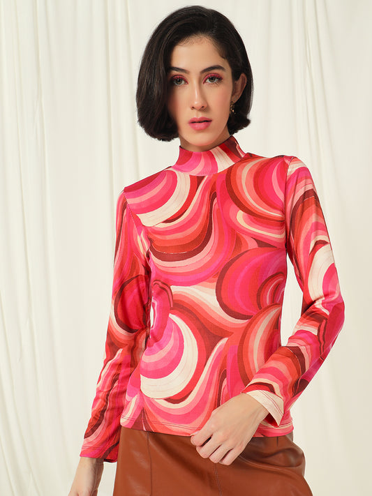 TANDUL  Women Printed High Neck Pink Sweater