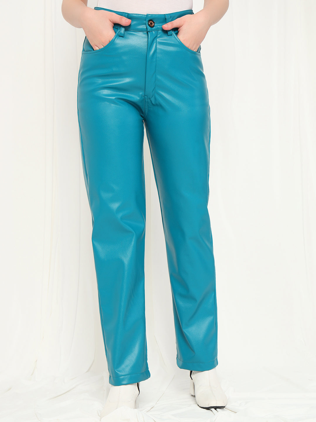 TANDUL  Women Regular Fit Light Blue Faux Leather Trousers