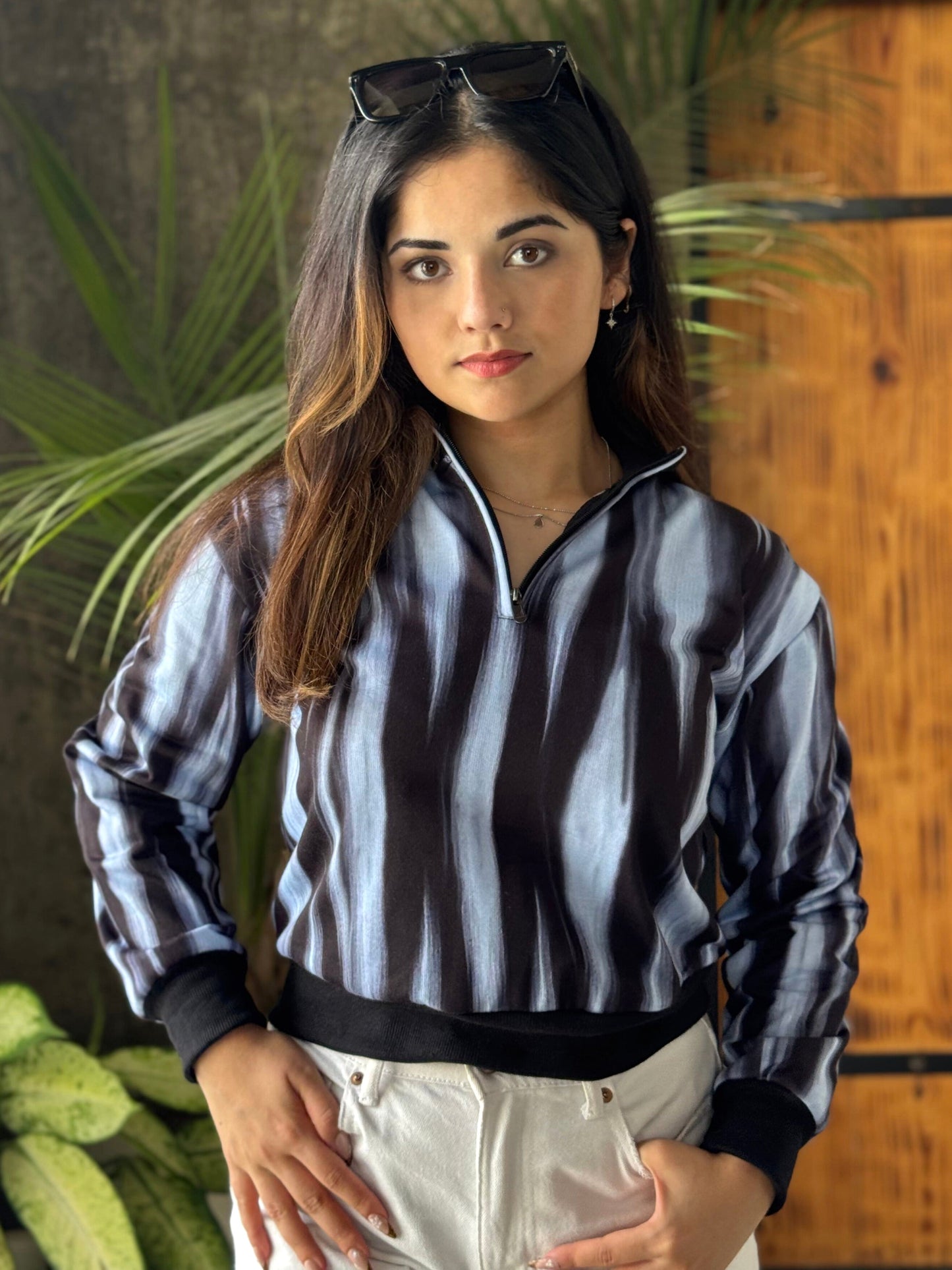 TANDUL Women Black and White Striped Sweatshirt