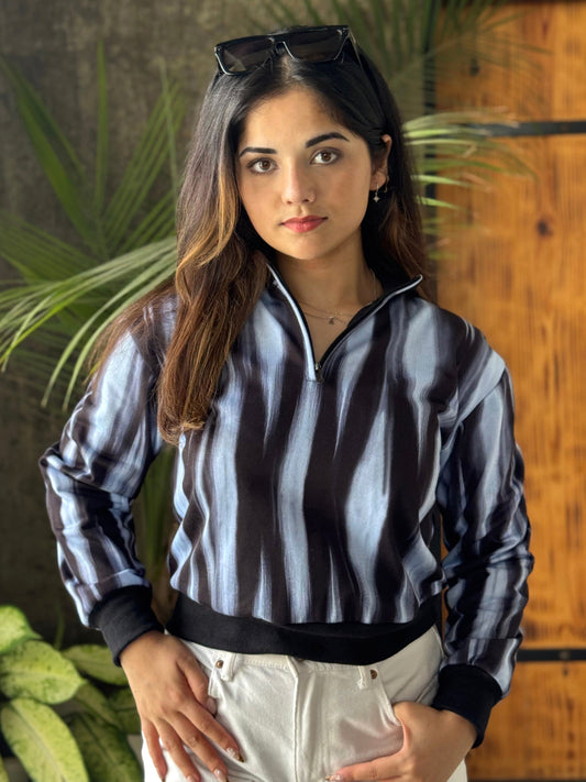TANDUL Women Black and White Striped Sweatshirt