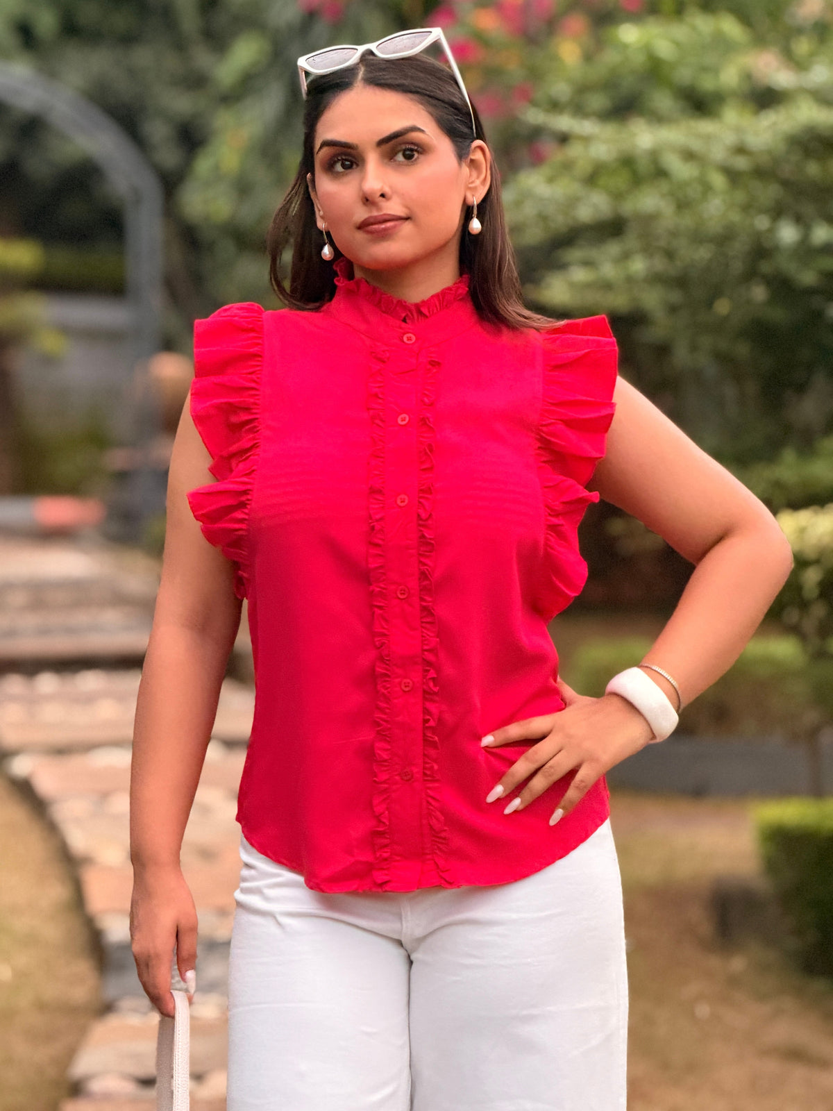 TANDUL Women Fuchsia Romantic Ruffle-Sleeve Shirt