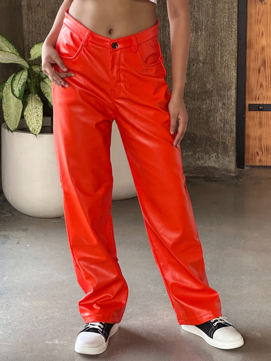 TANDUL Women Regular Fit Orange Faux Leather Trousers
