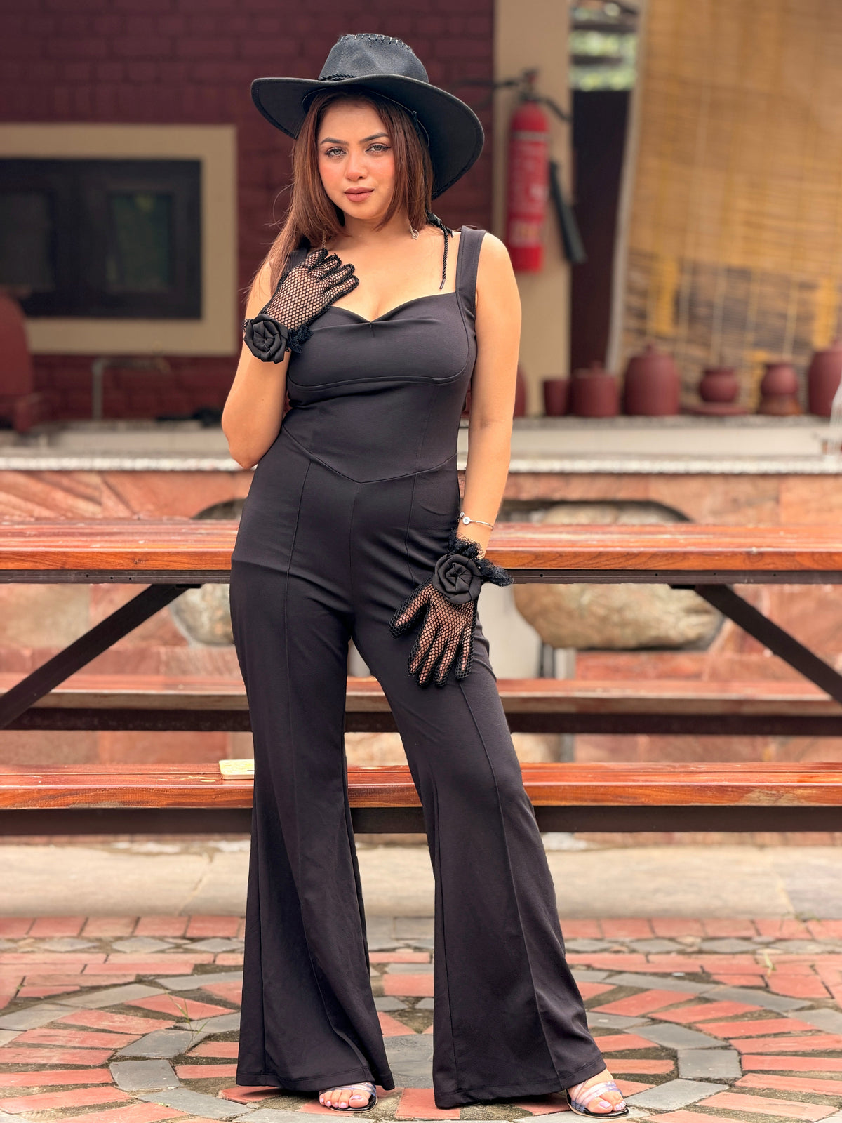 TANDUL Women's Corset-Style Sweetheart Flared Jumpsuit