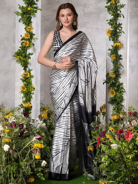 ELTIRE  Striped Bollywood Satin Saree  (Black)