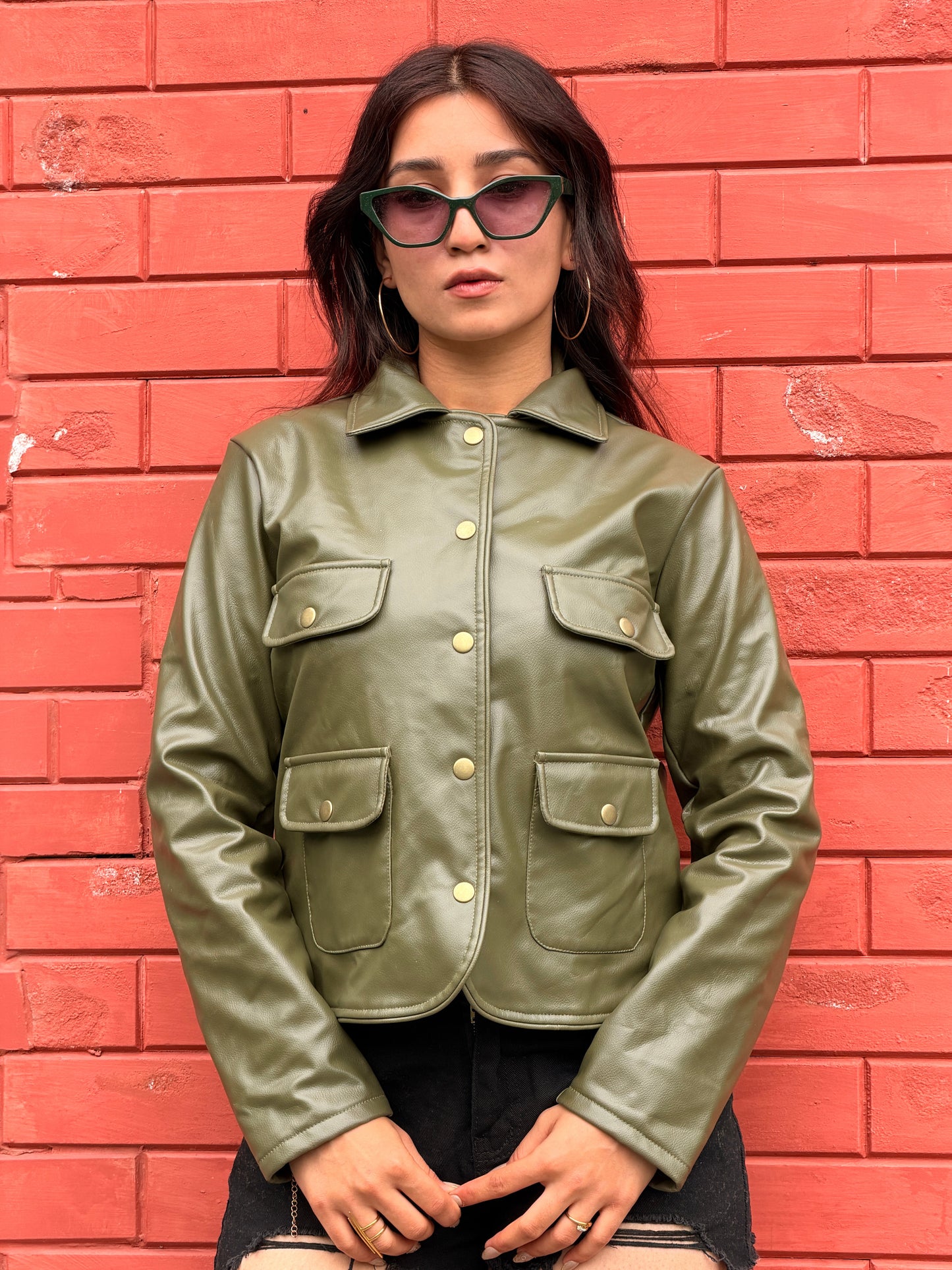 TANDUL Women Olive Green Faux Leather Jacket