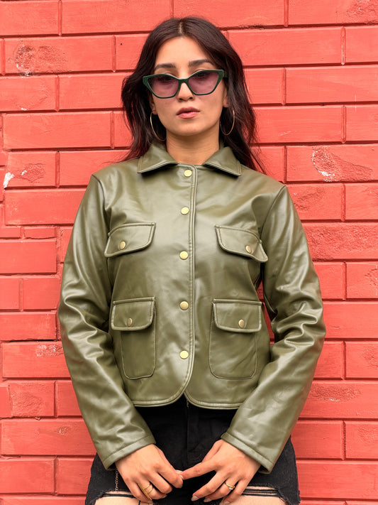 TANDUL Women Olive Green Faux Leather Jacket