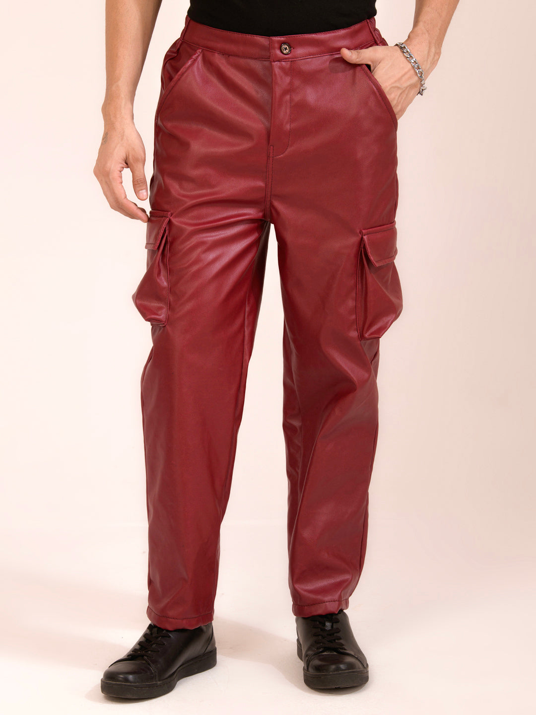 TANDUL  Men Regular Fit Maroon Faux Leather Trousers