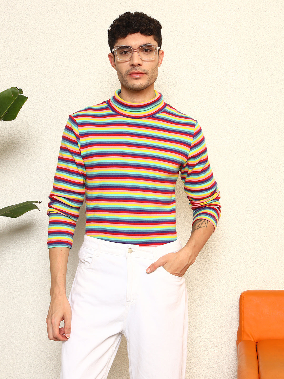 TANDUL Men's Vibrant Striped Highneck