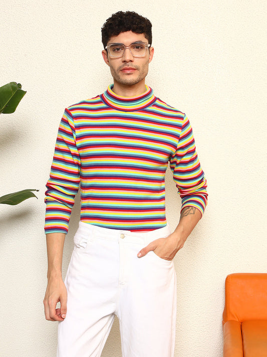 TANDUL Men's Vibrant Striped Highneck