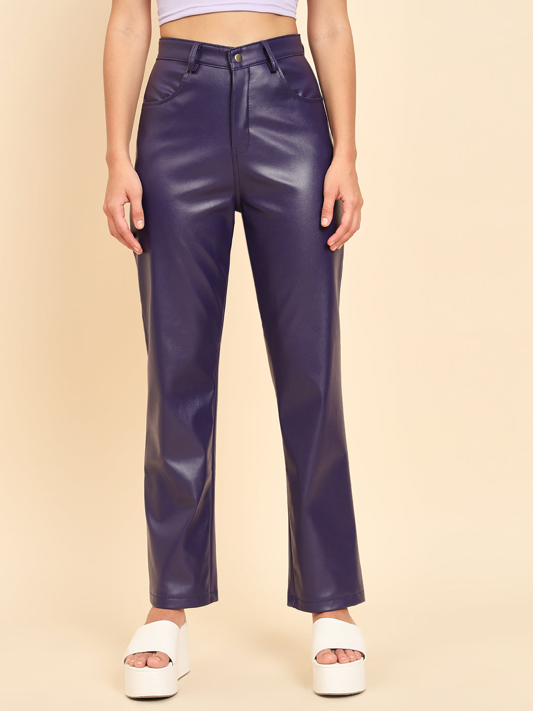 TANDUL Women Regular Fit Blue Faux Leather Trousers