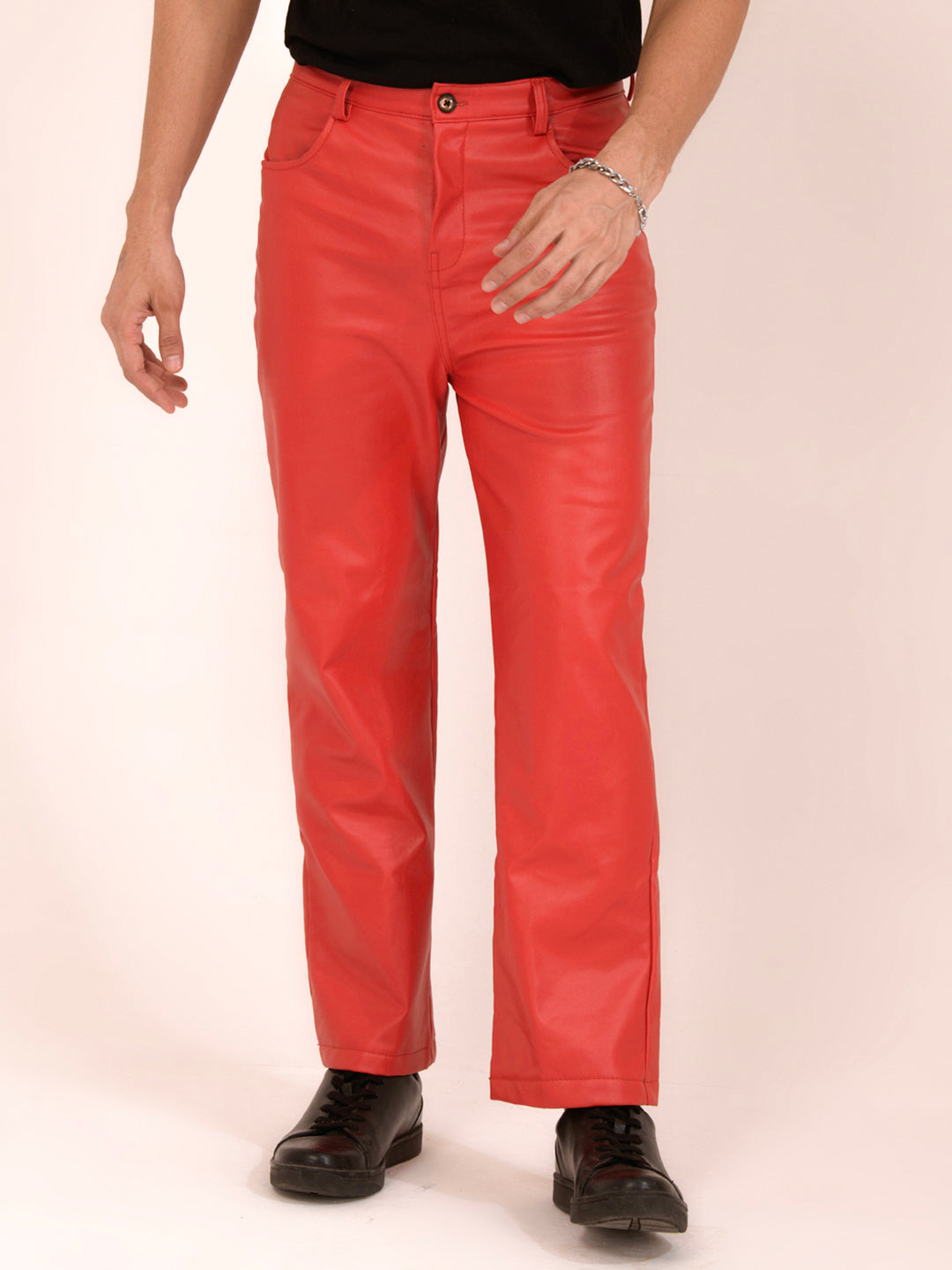 TANDUL  Men Regular Fit Red Faux Leather Trousers