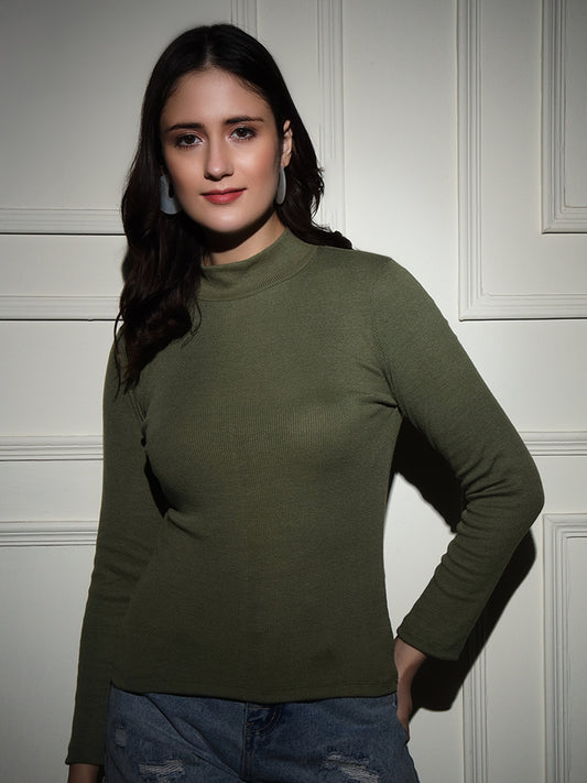 TANDUL  Women Solid High Neck Green Sweater