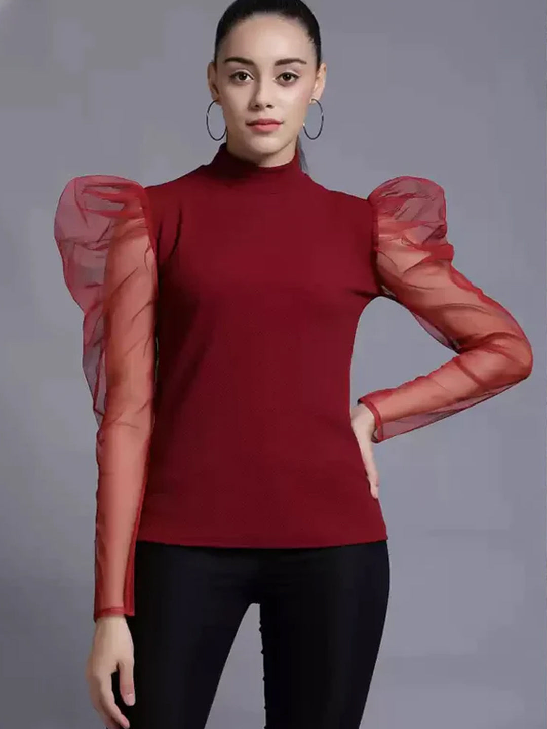 TANDUL  Casual Puff Sleeves Solid Women Maroon Top