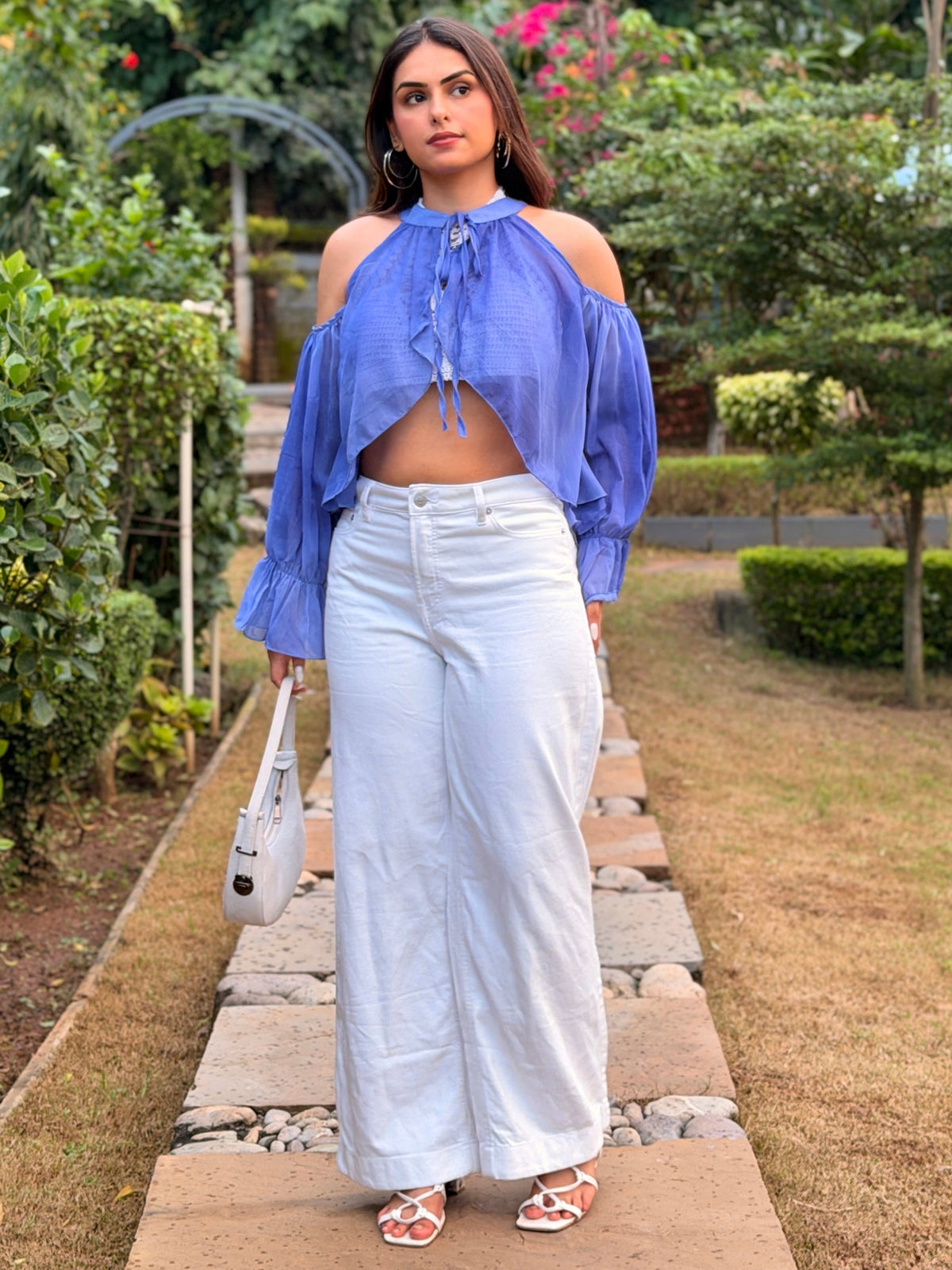 TANDUL Women Periwinkle Sheer Halter Cold-Shoulder Crop Top