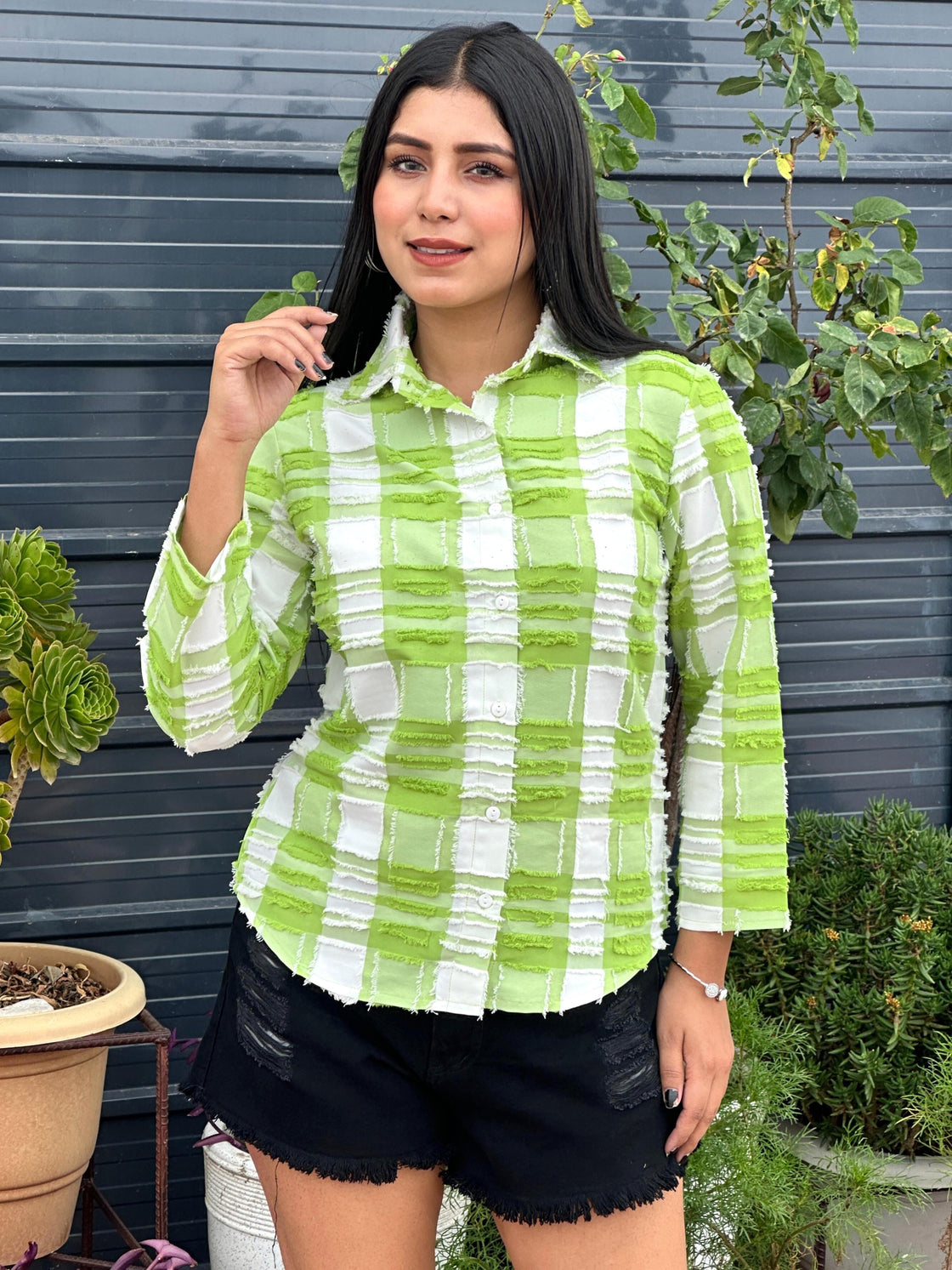 TANDUL Women Green and white Plaid Shirt