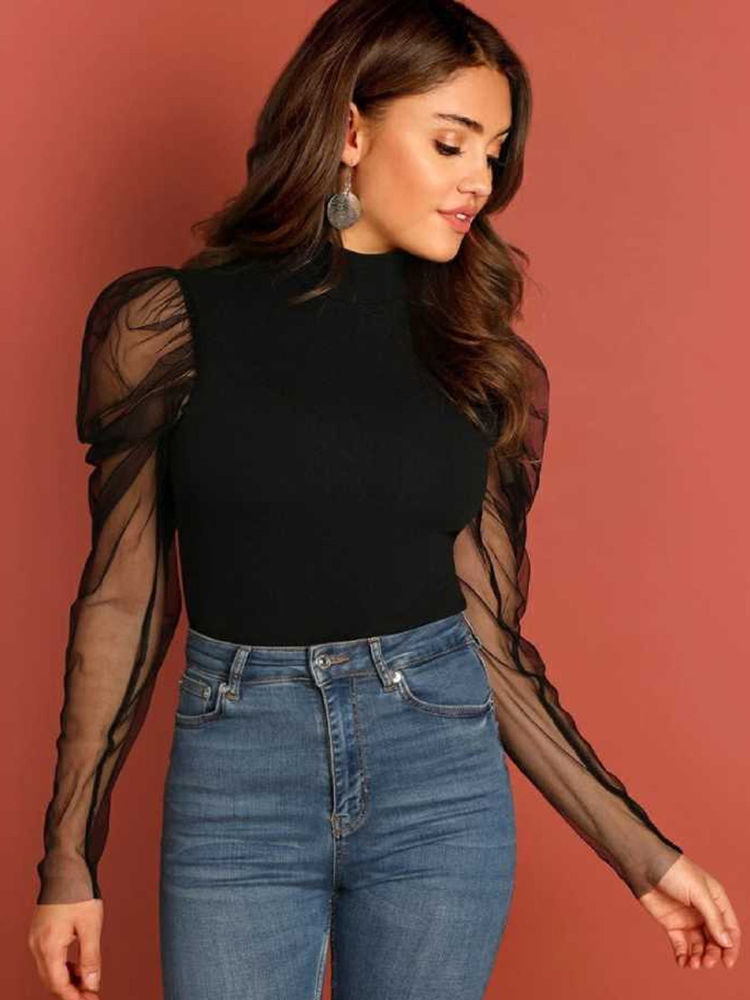 Casual Puff Sleeves Solid Women Black Top