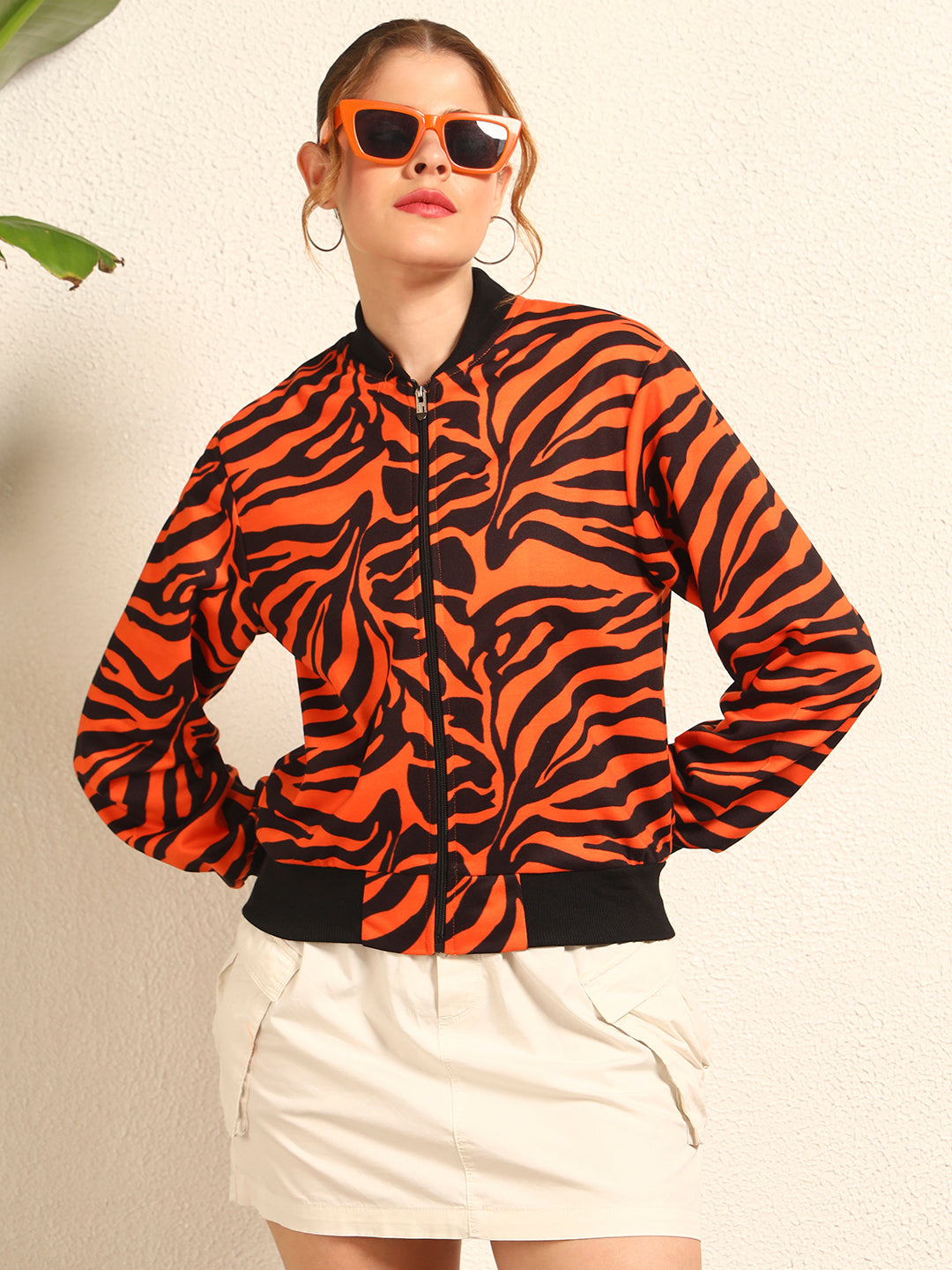 TANDUL Women Striking Orange and Black Zebra Print Jacket